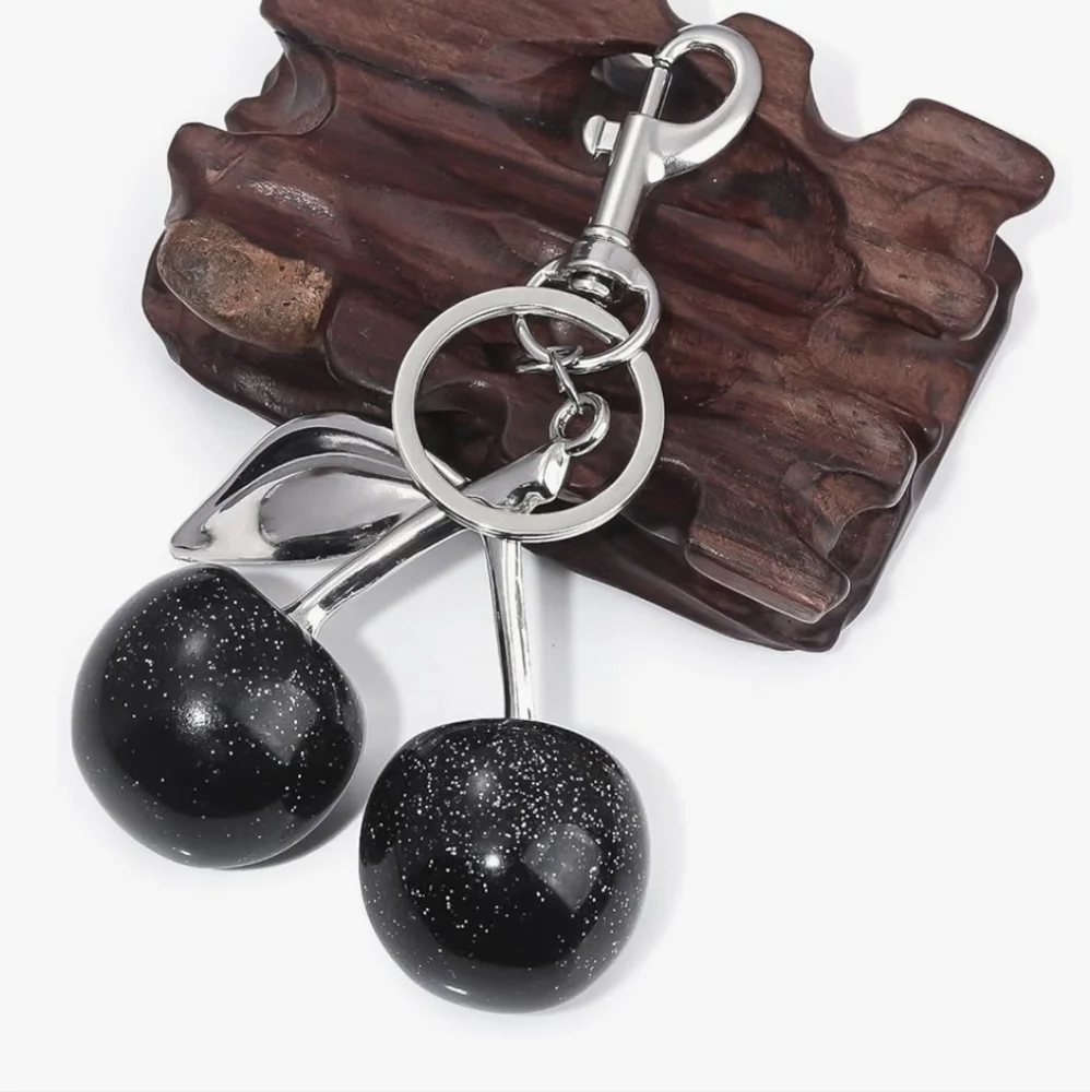 Glitter Cherries Large Black Silver Bag Charm Keychain Ring Pendant - Picture 3 of 6